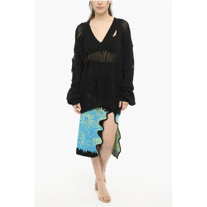 Perforated V-Neck Maxi Sweater With Cut-Out Details