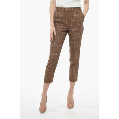 Peserico Windowpane Check Flax Pants with Elastic Waistband