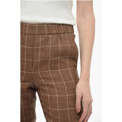 Peserico Windowpane Check Flax Pants with Elastic Waistband