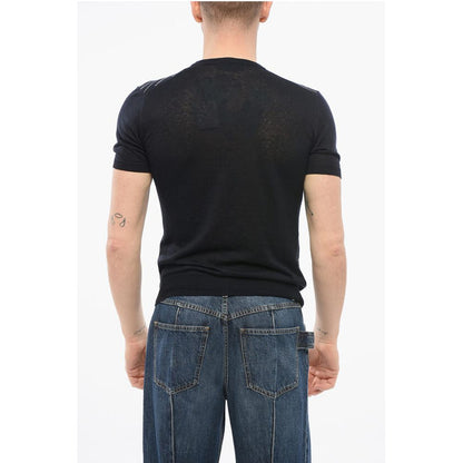 Corneliani Short Sleeved Striped Silk and Linen Crewneck Sweater