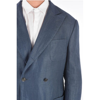Corneliani Silk and Flax GATE Side Vents Peak Lapel Double-Breasted Bla