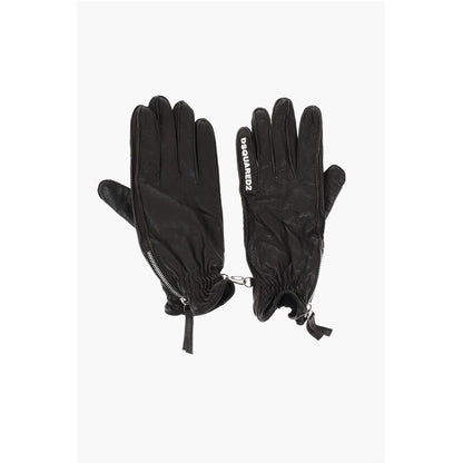 Dsquared² Leather Gloves With Half Zip and Embossed Logo