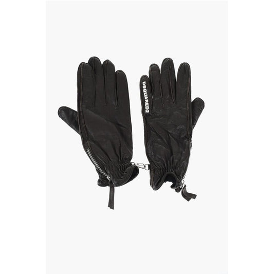 Dsquared² Leather Gloves With Half Zip and Embossed Logo