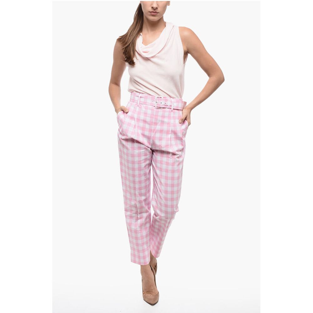 Prada Single-pleated Vichy Cotton Pants with Belt