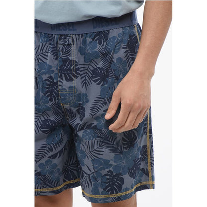 Diesel Plant Motif Lightweight Cotton Shorts with Logoed Elastic Ba