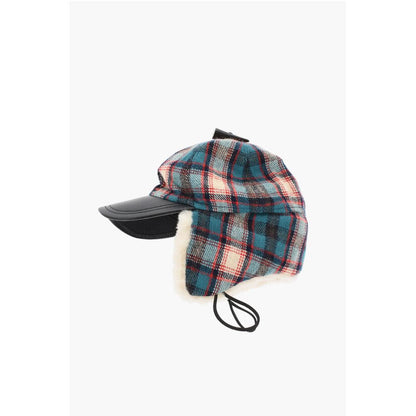 Dsquared² Checked Wool Blend Deerstalker Hat with Textured Leater Viso