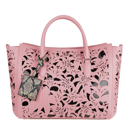 Baldinini Trend Chic Pink Calfskin Handbag with Floral Accents - PER.FASHION