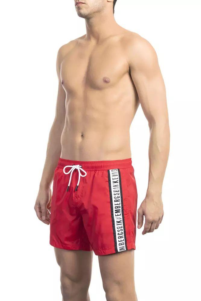 Bikkembergs Sleek Red Tape-Trim Swim Shorts - PER.FASHION