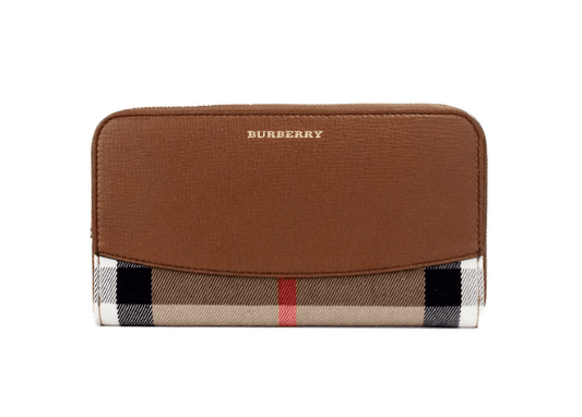 Burberry Elmore Tan Grainy Leather House Check Canvas Continental Clutch Wallet - PER.FASHION