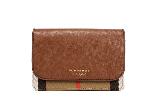 Burberry Hampshire Small House Check Canvas Tan Derby Leather Crossbody Bag - PER.FASHION