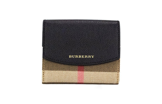 Burberry Luna Black Grained Leather House Check Canvas Coin Pouch Snap Wallet - PER.FASHION