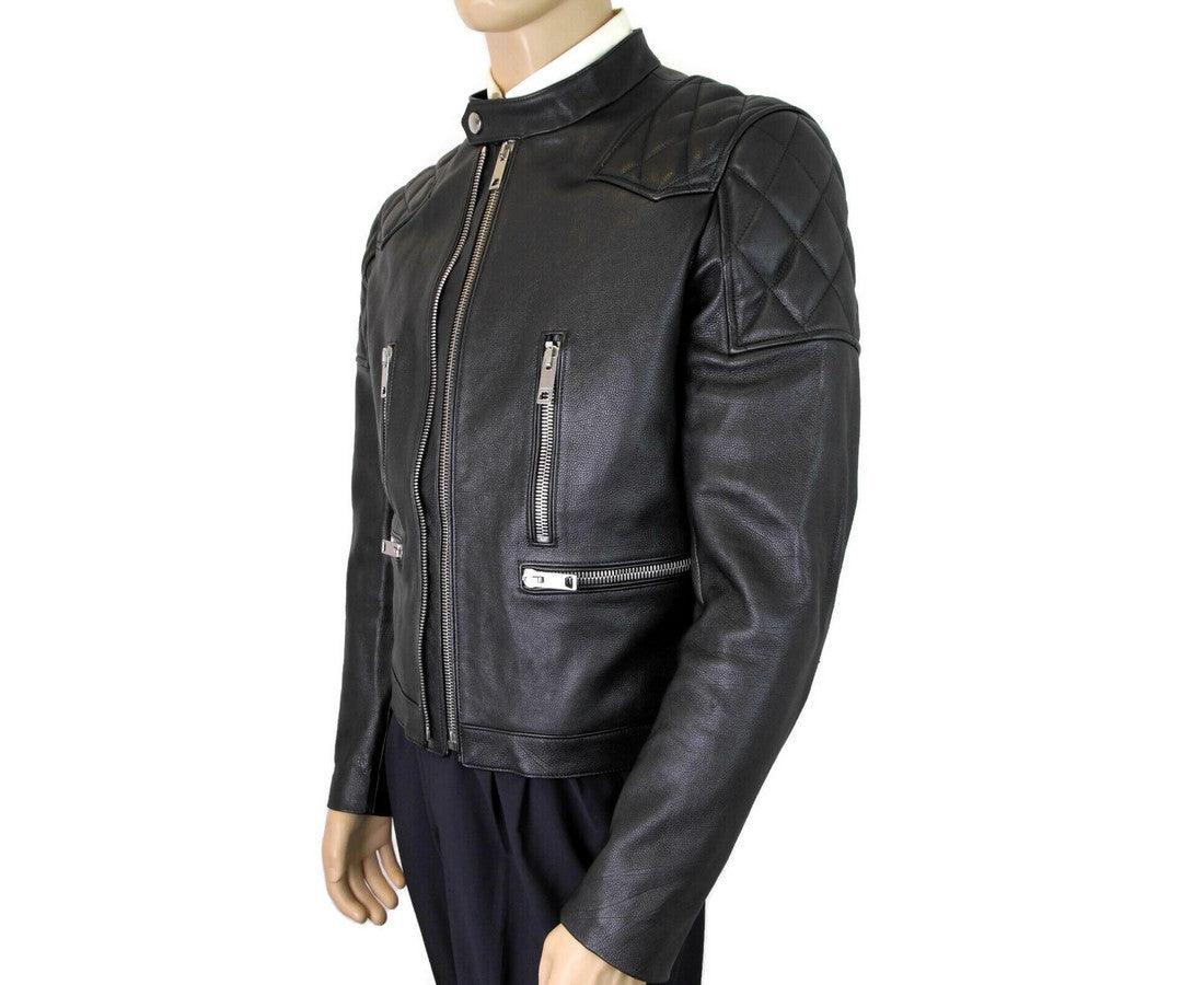 Burberry Men's Black Leather Diamond Quilted Biker Jacket - PER.FASHION