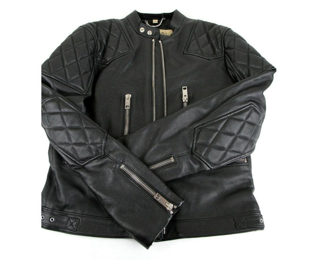 Burberry Men's Black Leather Diamond Quilted Biker Jacket - PER.FASHION
