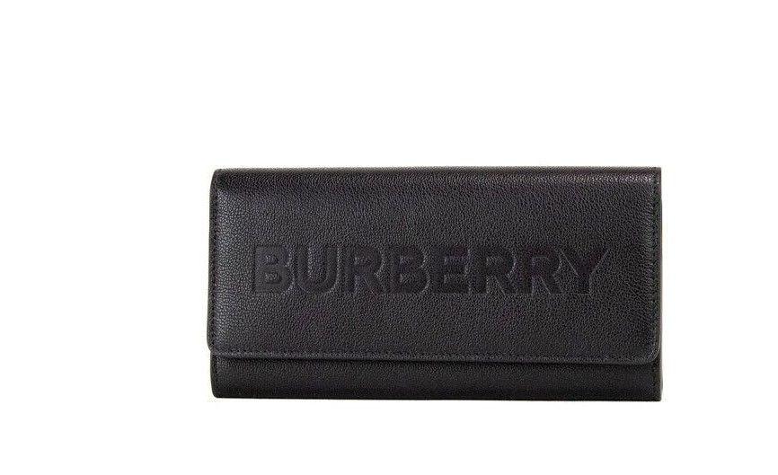 Burberry Porter Black Grained Leather Branded Logo Embossed Clutch Flap Wallet - PER.FASHION