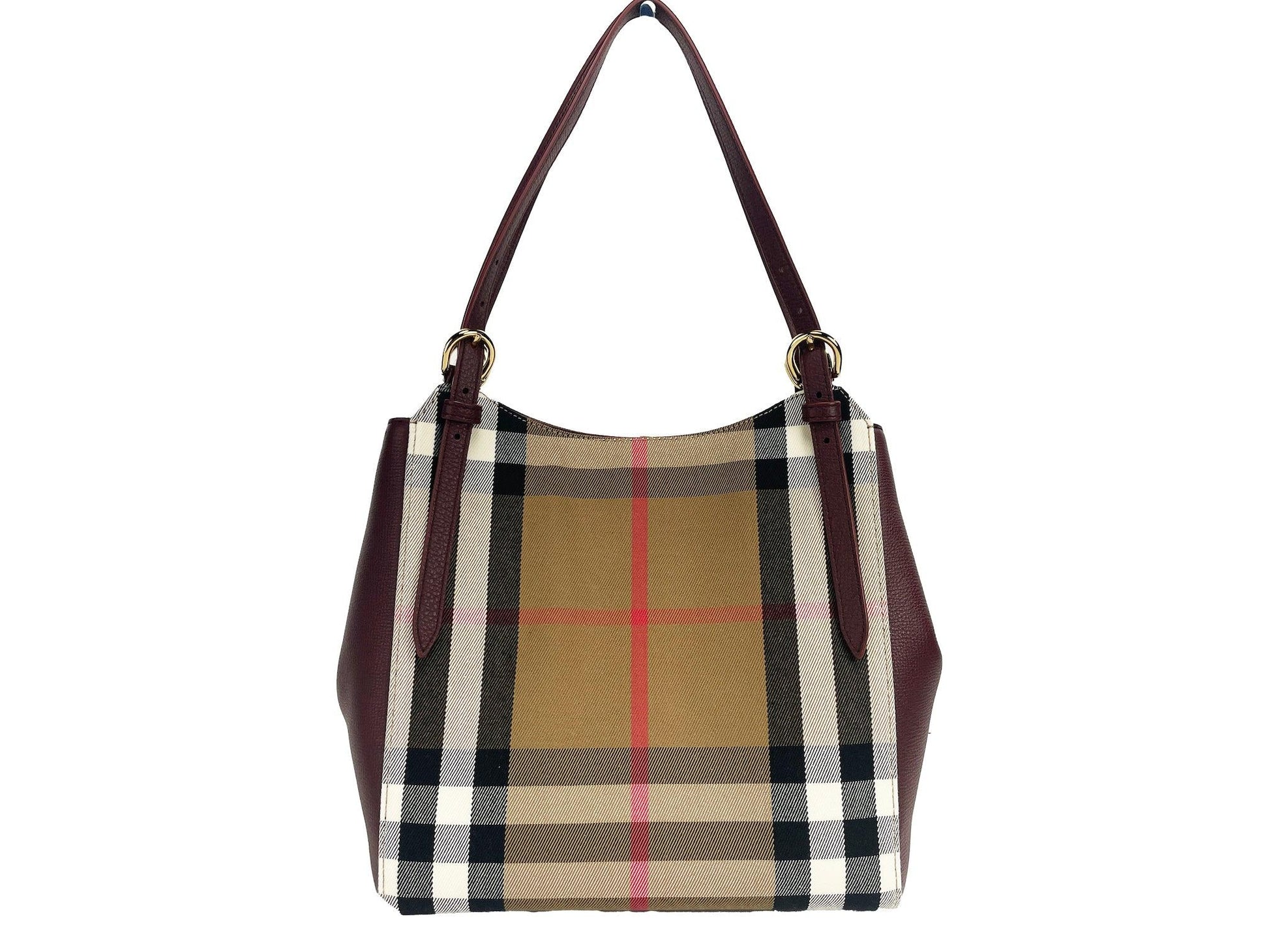 Burberry Small Canterby Mahogany Leather Check Canvas Tote Bag Purse - PER.FASHION