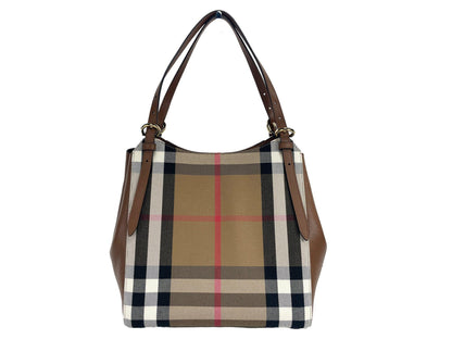 Burberry Small Canterby Tan Leather Check Canvas Tote Bag Purse - PER.FASHION