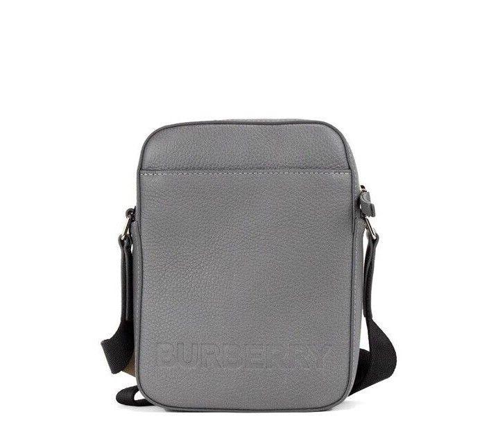 Burberry Thornton Small Grey Embossed Logo Grainy Leather Crossbody Handbag - PER.FASHION