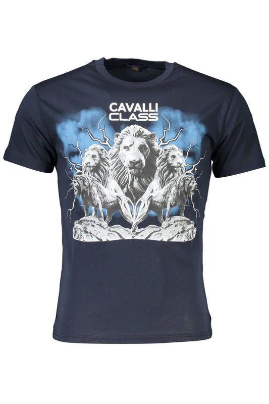 Cavalli Class Elegant Blue Round Neck Tee with Logo Print - PER.FASHION