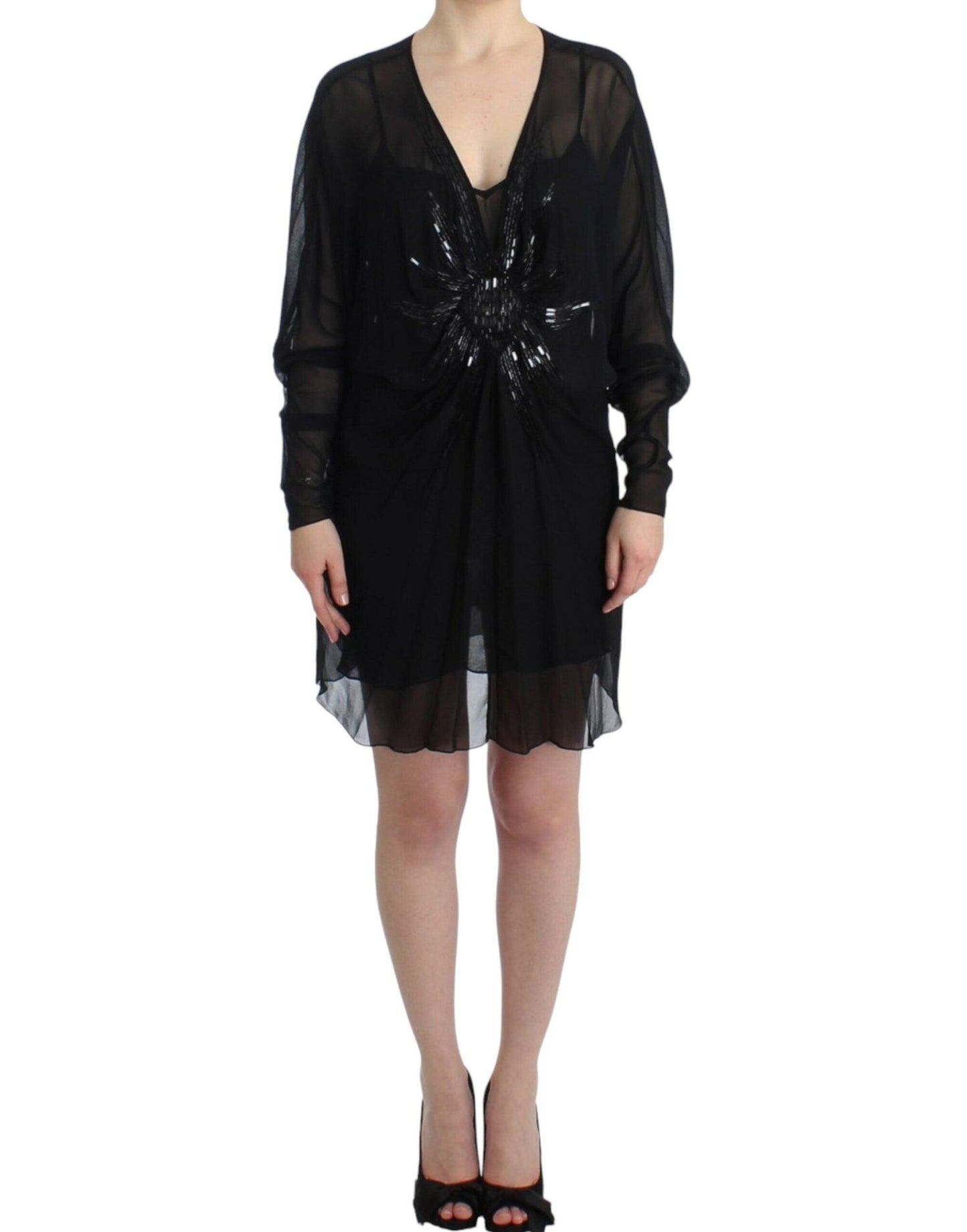 Cavalli Elegant Sheer Black Silk Blouson Dress - PER.FASHION