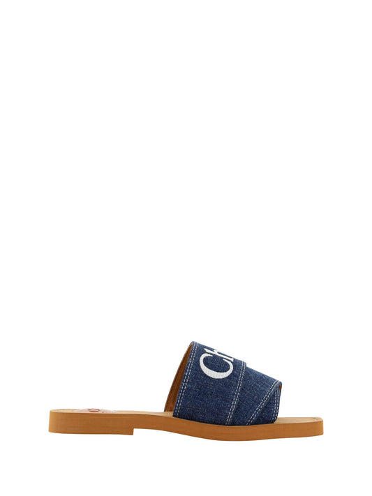 Chloé Sumptuous Cotton Woody Slide Sandals in Denim Blue - PER.FASHION