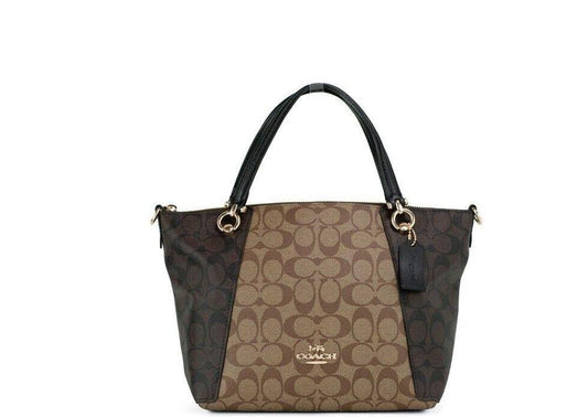 COACH Kacey Khaki Brown Blocked Signature Canvas Top Zip Satchel Handbag - PER.FASHION