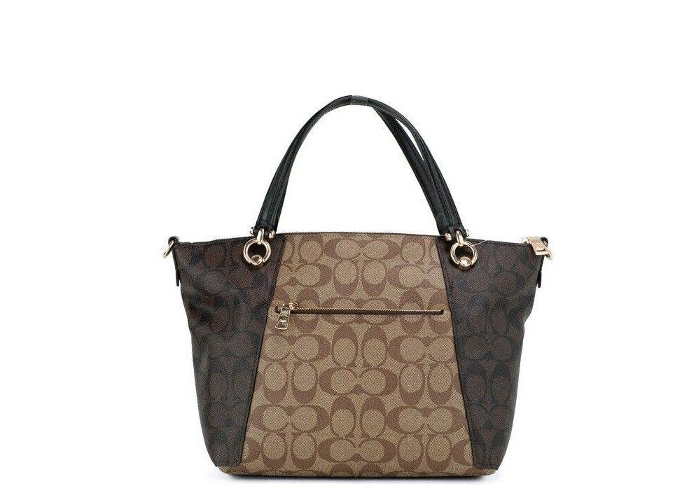 COACH Kacey Khaki Brown Blocked Signature Canvas Top Zip Satchel Handbag - PER.FASHION