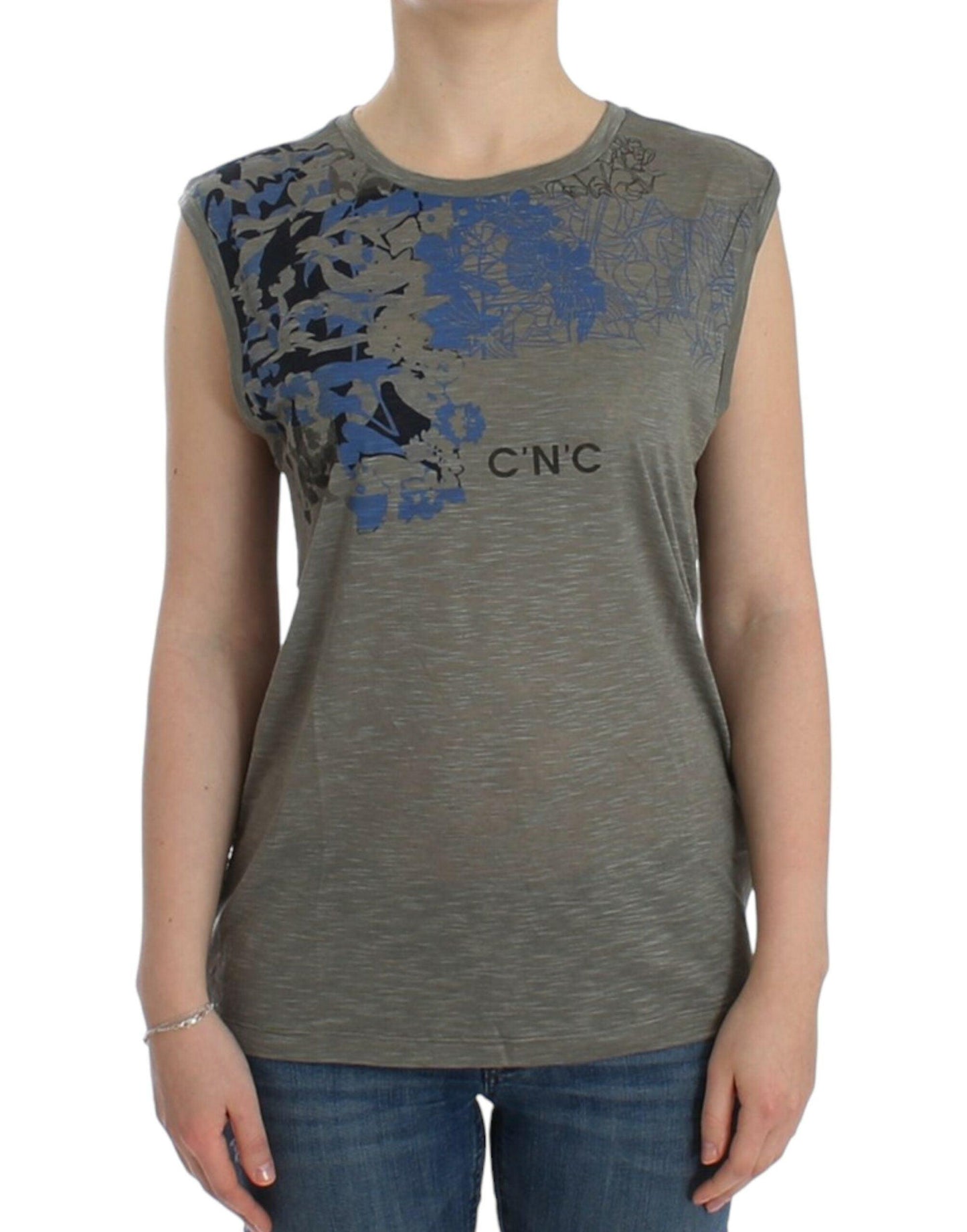 Costume National Chic Sleeveless Gray Top with Blue Detailing - PER.FASHION