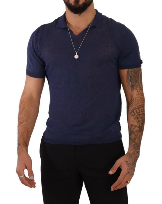 Daniele Alessandrini Navy Linen Blend Collared T-Shirt - PER.FASHION