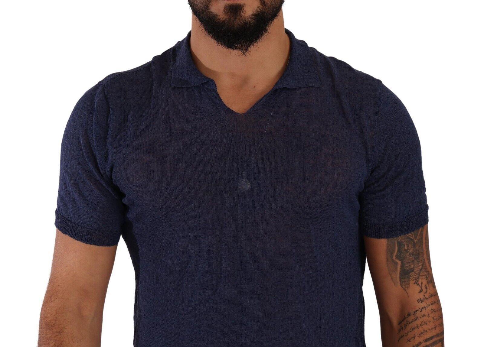 Daniele Alessandrini Navy Linen Blend Collared T-Shirt - PER.FASHION