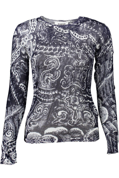Desigual Chic Blue Viscose Long-Sleeved Round Neck Top - PER.FASHION