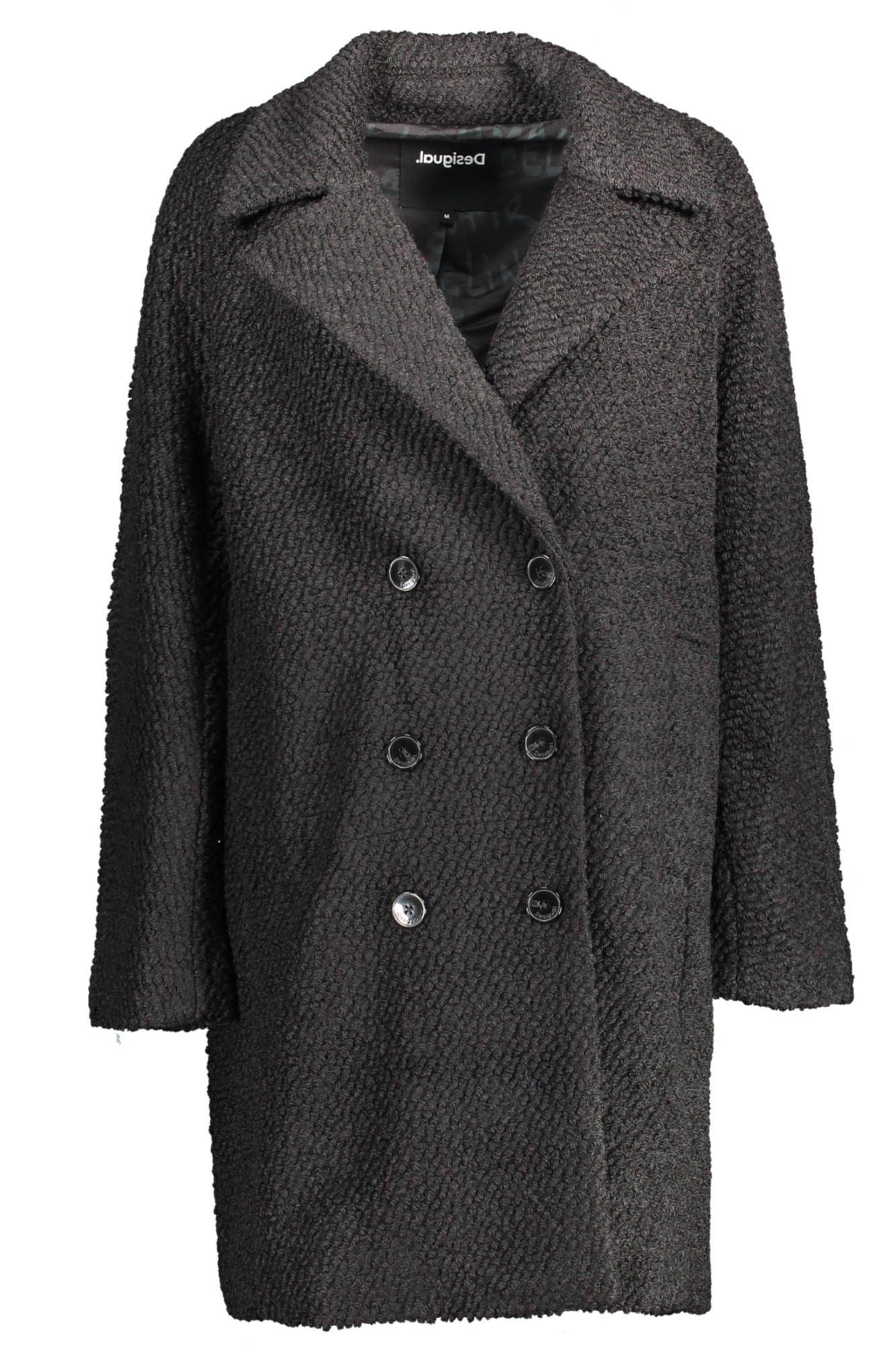 Desigual Chic Wool-Blend Black Coat with Signature Accents - PER.FASHION