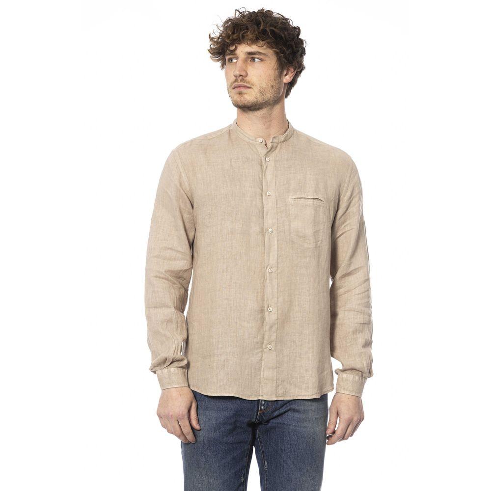 Distretto12 Elegant Beige Mandarin Collar Linen Shirt - PER.FASHION