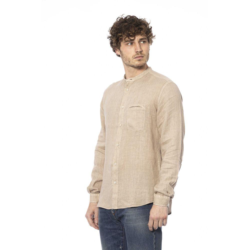 Distretto12 Elegant Beige Mandarin Collar Linen Shirt - PER.FASHION