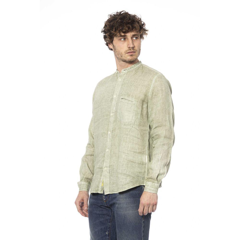 Distretto12 Elegant Green Linen Shirt with Mandarin Collar - PER.FASHION