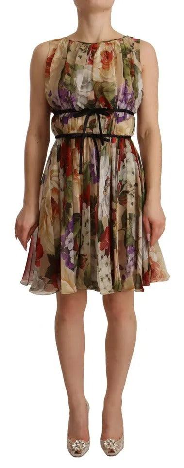 Dolce & Gabbana Beige Floral Sleeveless Round Neck Mini Dress - PER.FASHION