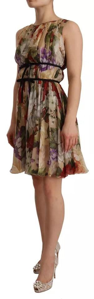 Dolce & Gabbana Beige Floral Sleeveless Round Neck Mini Dress - PER.FASHION