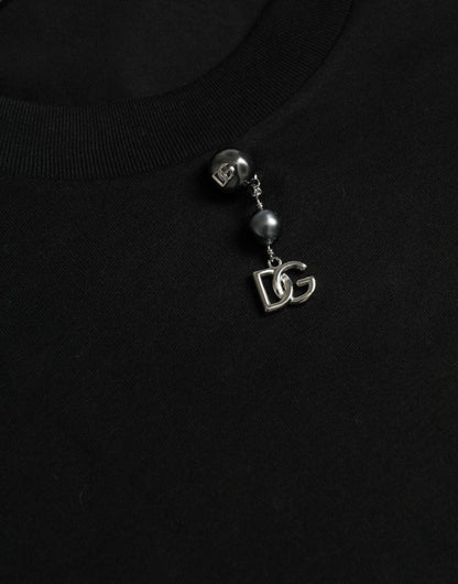 Dolce & Gabbana Black Embellished Cotton Crew Neck T-shirt - PER.FASHION