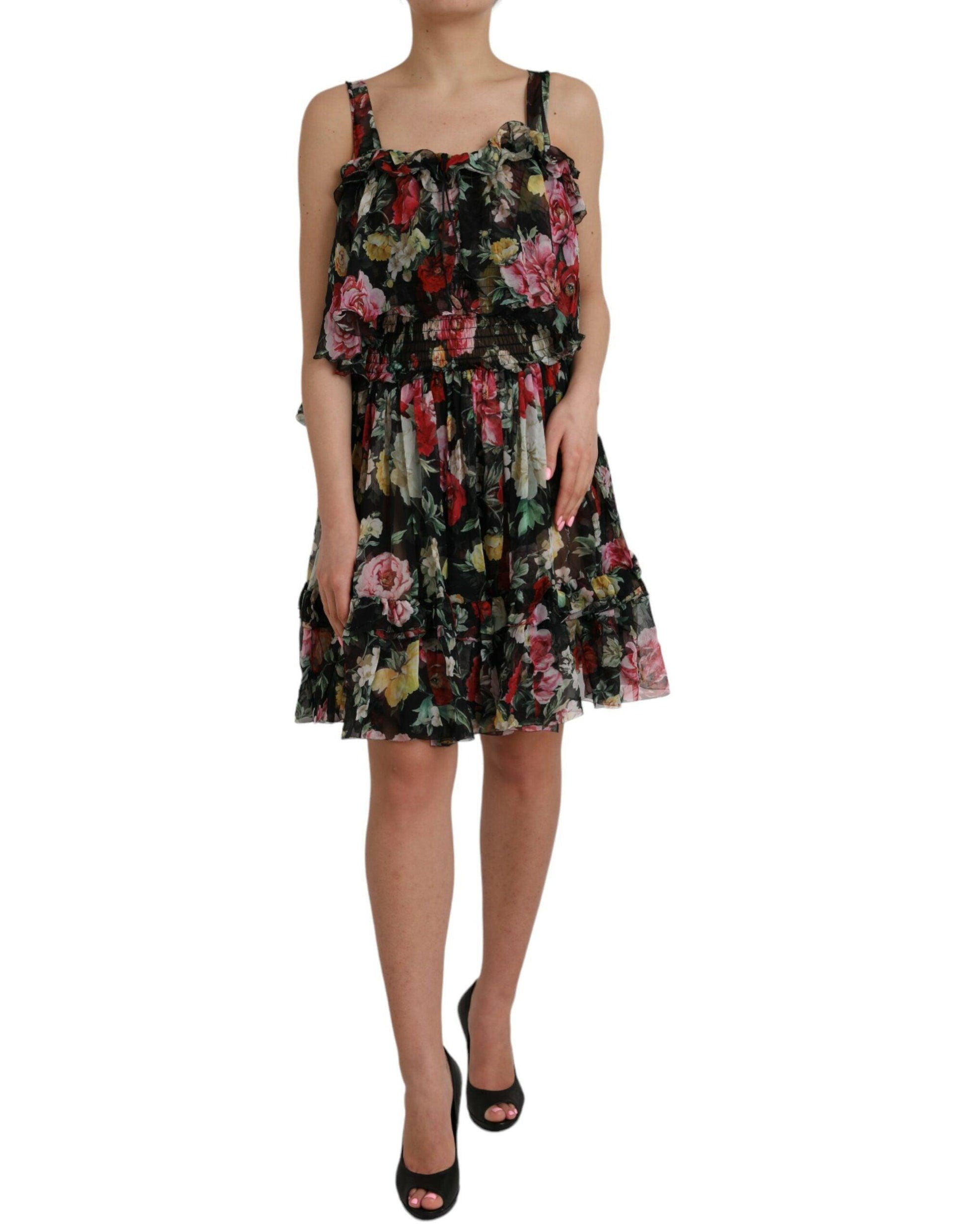 Dolce & Gabbana Black Floral Silk A-line Sleeveless Dress - PER.FASHION