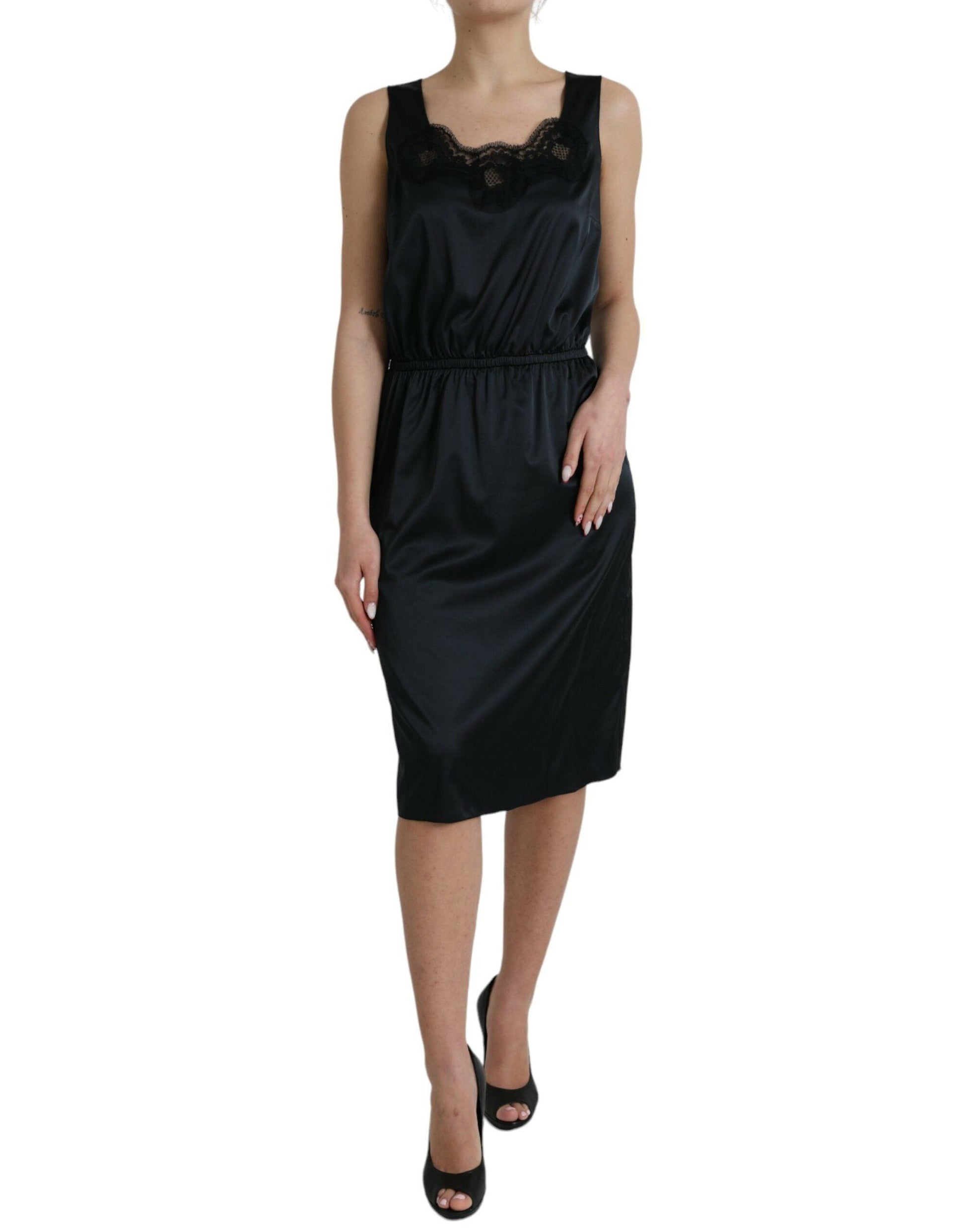 Dolce & Gabbana Black Polyester Lace Trim Sheath Midi Dress - PER.FASHION