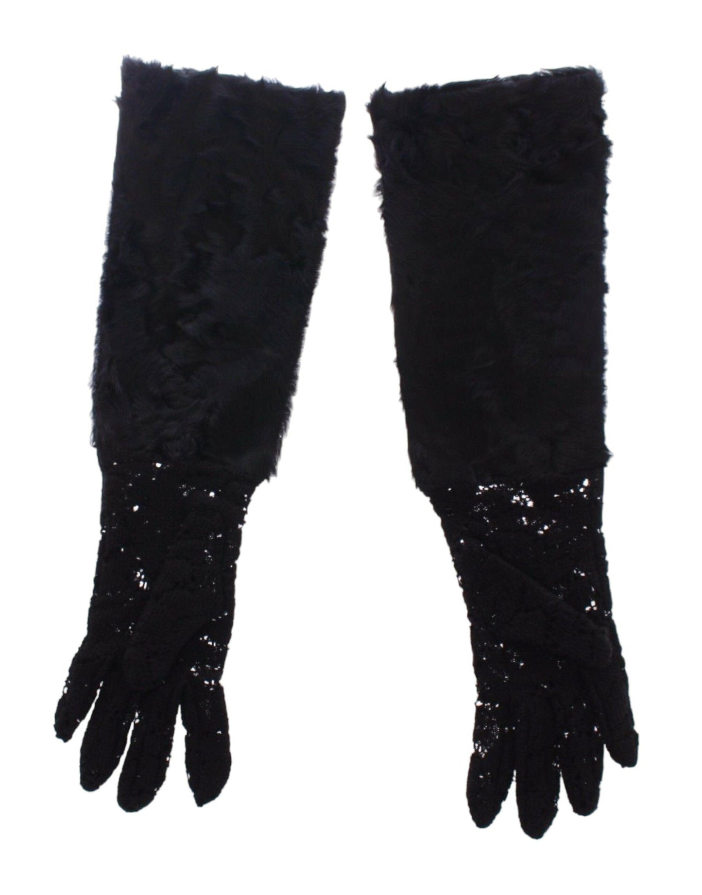 Dolce & Gabbana Black Wool Lace & Lamb Fur Elbow Gloves - PER.FASHION