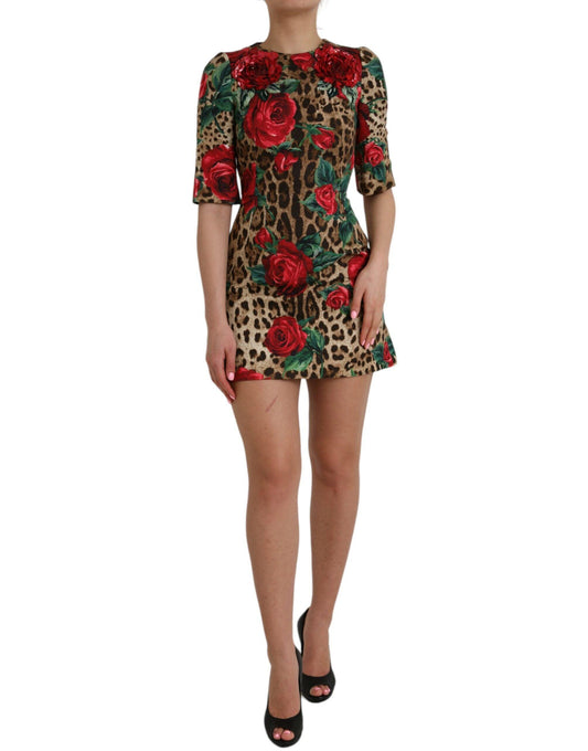 Dolce & Gabbana Brown Leopard Red Roses Cotton A-line Dress - PER.FASHION