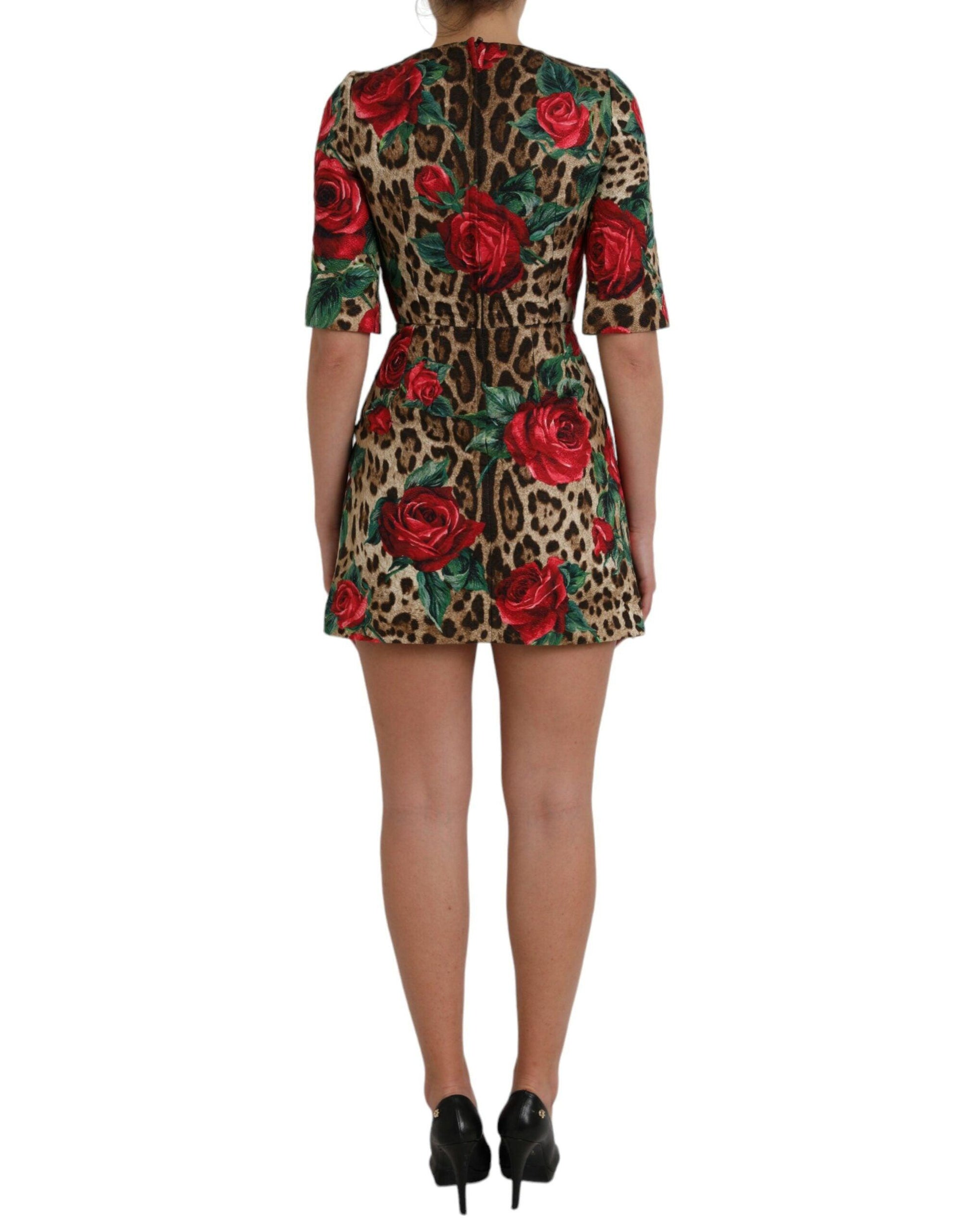 Dolce & Gabbana Brown Leopard Red Roses Cotton A-line Dress - PER.FASHION