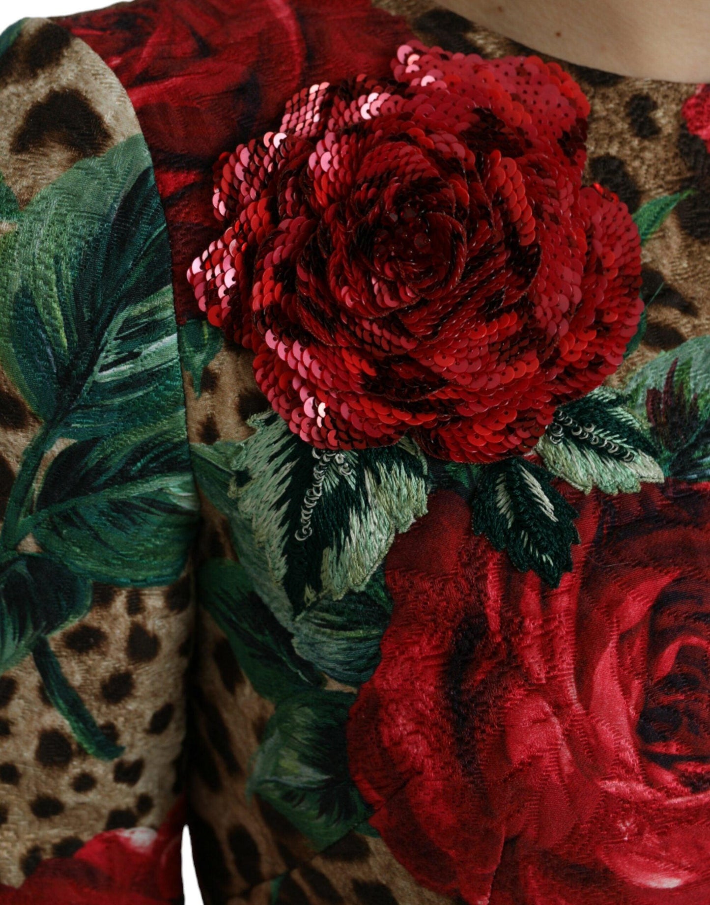 Dolce & Gabbana Brown Leopard Red Roses Cotton A-line Dress - PER.FASHION