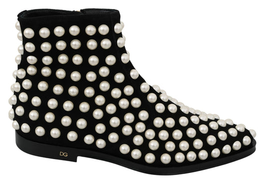Dolce & Gabbana Chic Black Suede Ankle Boots with Pearls - PER.FASHION
