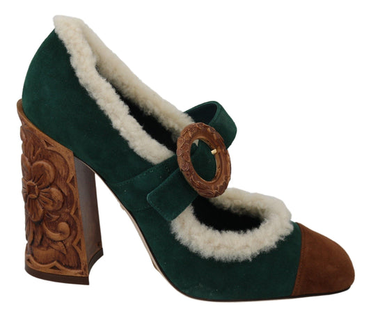 Dolce & Gabbana Chic Green Suede Mary Janes with Shearling Trim - PER.FASHION
