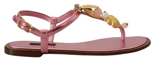 Dolce & Gabbana Chic Pink Leather Sandals with Exquisite Embellishment - PER.FASHION