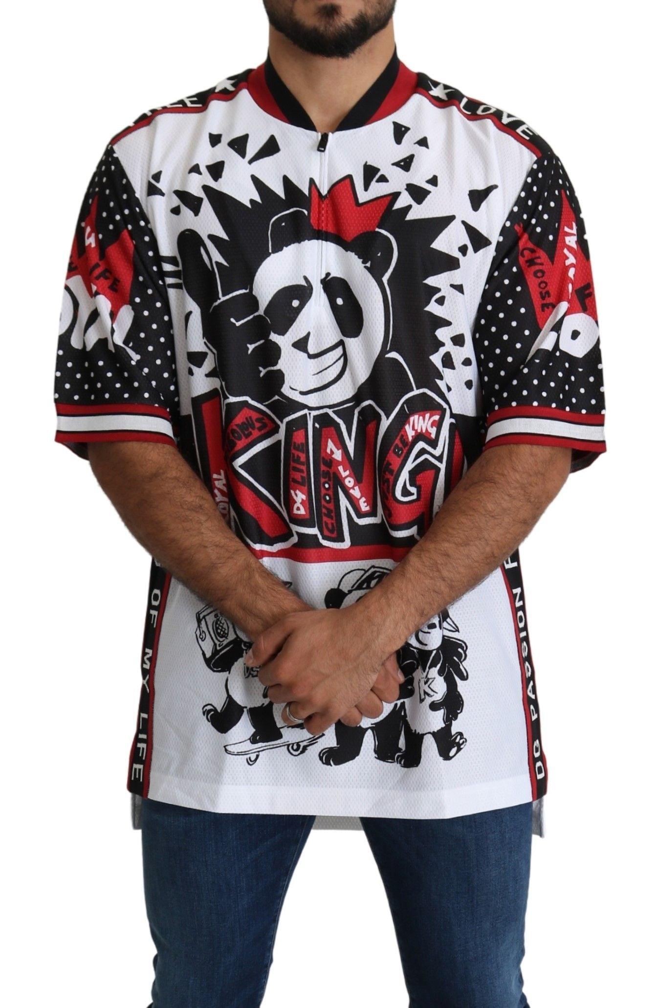 Dolce & Gabbana Chic White King Panda Print Zipper Collar Tee - PER.FASHION