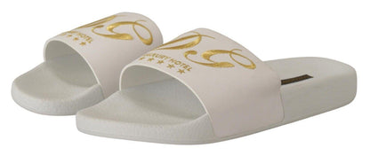 Dolce & Gabbana Chic White Leather Slides with Gold Embroidery - PER.FASHION