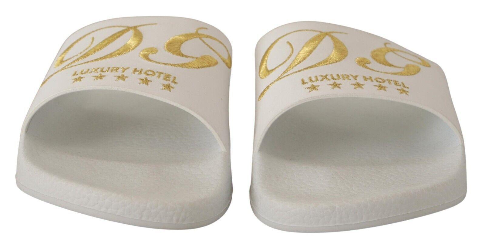 Dolce & Gabbana Chic White Leather Slides with Gold Embroidery - PER.FASHION