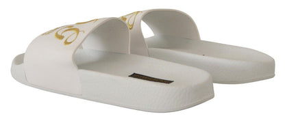 Dolce & Gabbana Chic White Leather Slides with Gold Embroidery - PER.FASHION